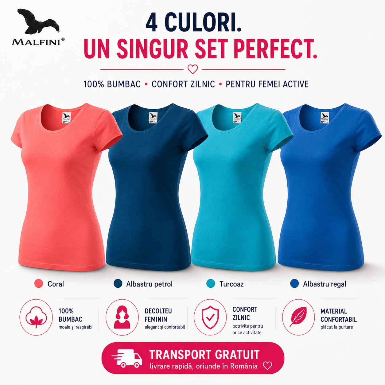 Set 4 tricouri damă 100% bumbac cu decolteu coral albastru petrol turcoaz albastru regal transport gratuit